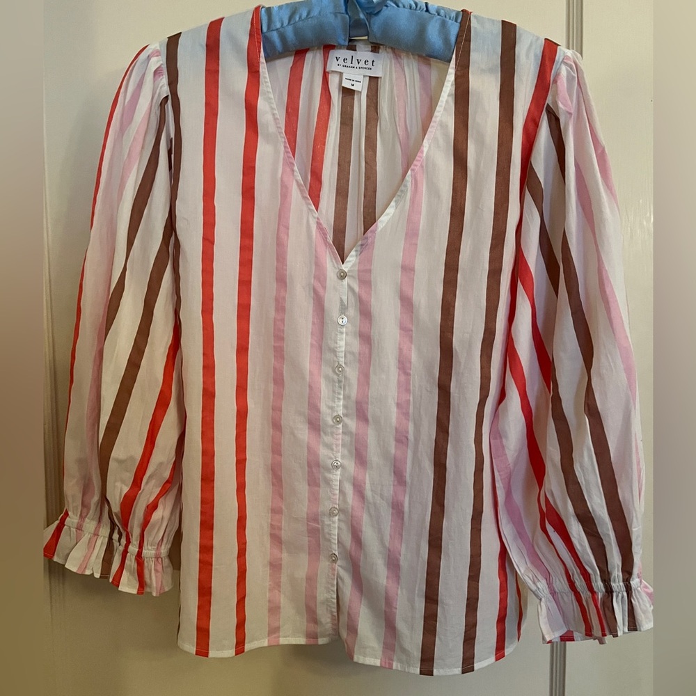 Velvet by Graham & Spencer Striped Button-Down Blouse with Peasant Sleeves